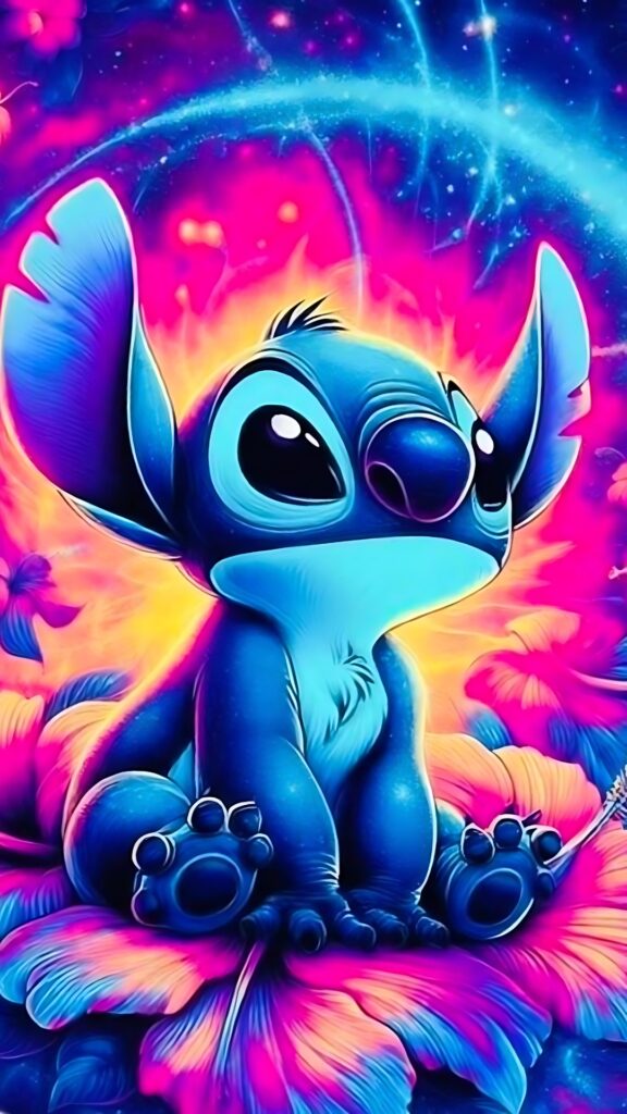 Bright and colorful cute Stitch wallpaper in neon tones, featuring Stitch sitting on a vivid hibiscus flower surrounded by cosmic swirls and glowing floral accents.