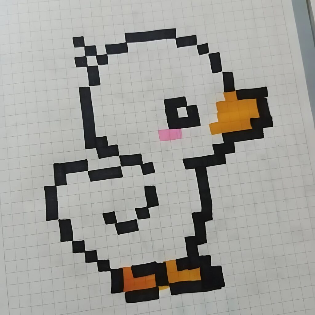 Cute pixel art duck drawn on graph paper with black outline, orange beak and feet, and pink cheek detail.