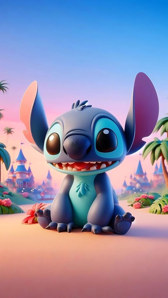 Smiling Stitch sitting on a tropical beach with pink and blue sunset sky, surrounded by palm trees and fantasy castles, perfect for phone wallpaper