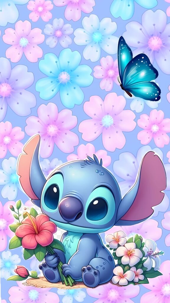 Cute Stitch holding flowers with a blue butterfly on a pastel floral background, ideal for iPhone wallpaper