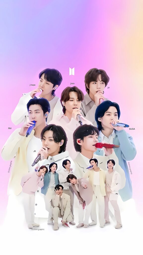 Aesthetic BTS OT7 wallpaper featuring RM, Jin, SUGA, J-Hope, Jimin, V, and Jungkook with pastel gradient background.