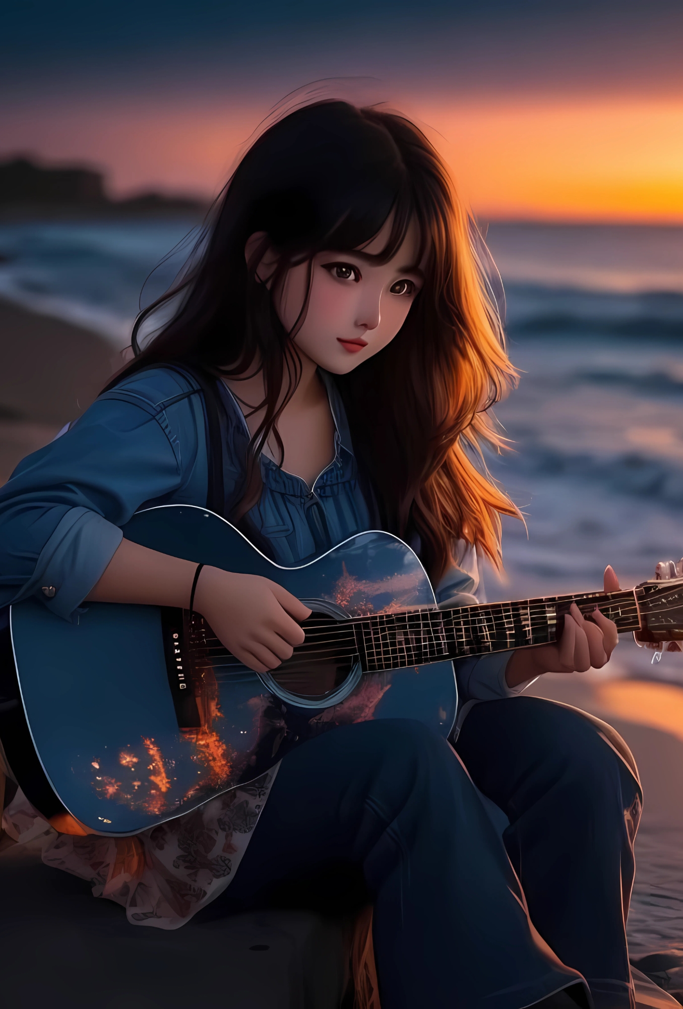 Cartoon girl playing guitar at sunset beach – perfect aesthetic DP image