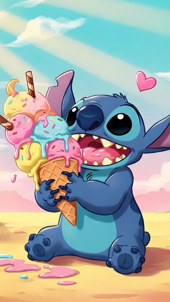 Adorable cartoon image of Stitch joyfully holding a colorful ice cream cone with melting scoops, set against a dreamy beach background with pastel skies and a pink heart
