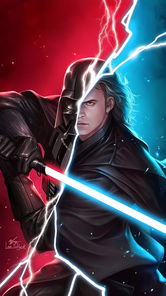 Split-face artwork of Anakin Skywalker and Darth Vader with red and blue lightning background