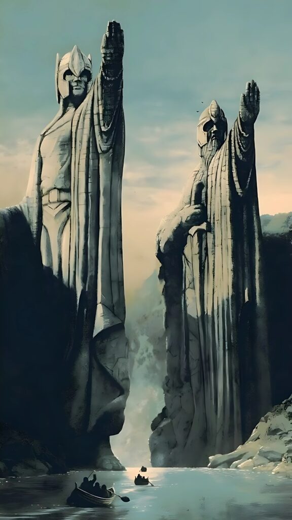 Two colossal statues of the Argonath stand over a river as small boats pass beneath them in this Lord of the Rings wallpaper.