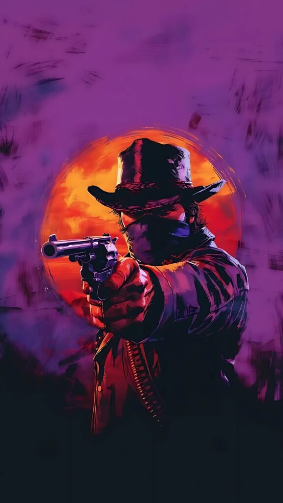 Stylized Red Dead Redemption 2 wallpaper featuring Arthur Morgan aiming a revolver in front of a vivid orange sunset and purple background.