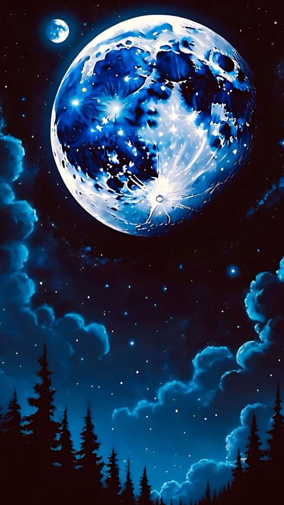 Surreal blue moon over a starry night sky with pine tree silhouettes and glowing clouds
