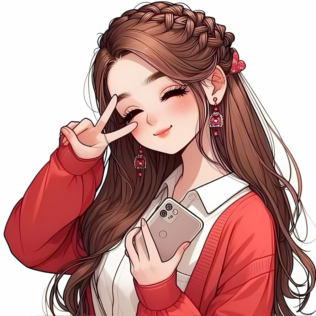 Aesthetic anime-style girl with braided hair, red outfit, holding a phone and flashing a peace sign with a confident smile.