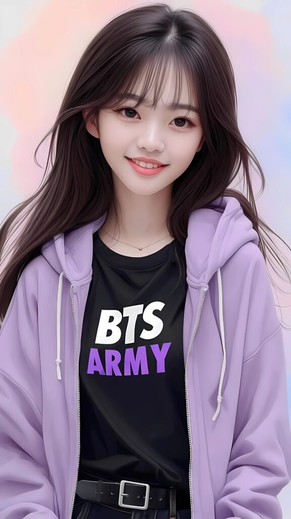 Anime-style BTS ARMY girl in purple hoodie and black BTS ARMY t-shirt with soft pastel background.