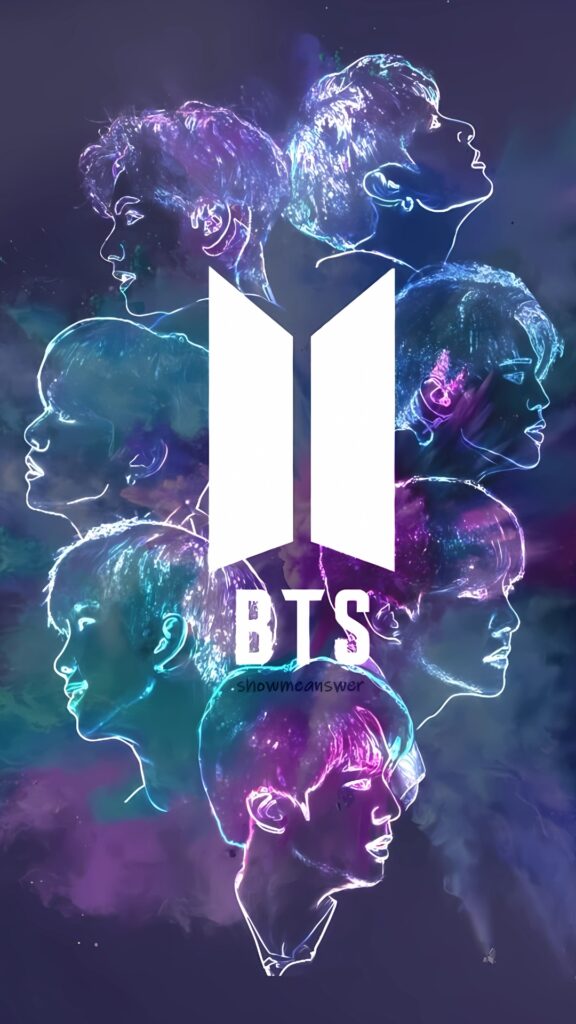 Digital BTS ARMY wallpaper featuring neon outlines of BTS members’ profiles around the official BTS logo on a galaxy-themed background.