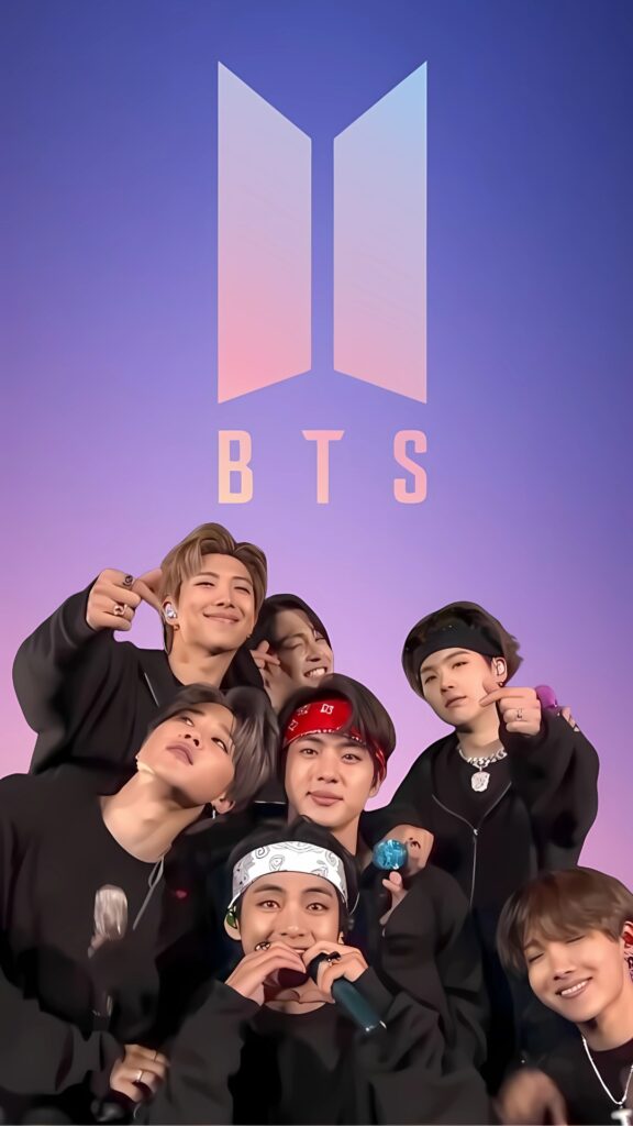 Aesthetic BTS group wallpaper featuring all seven members in black outfits with the BTS logo and a pastel purple-pink gradient background
