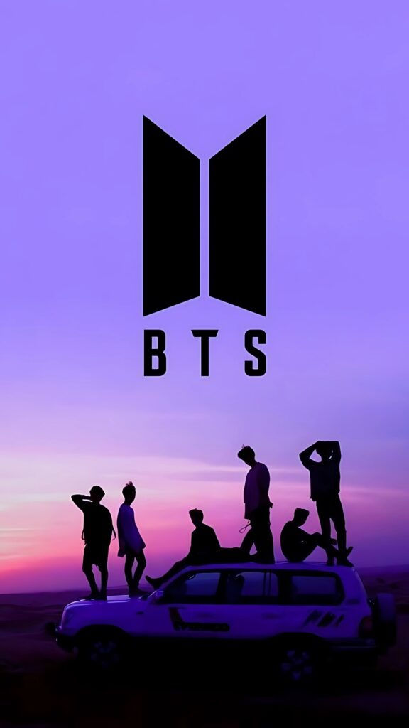 Anime-style BTS wallpaper featuring silhouettes of all seven members on a vehicle under a purple sunset sky with the BTS logo above.