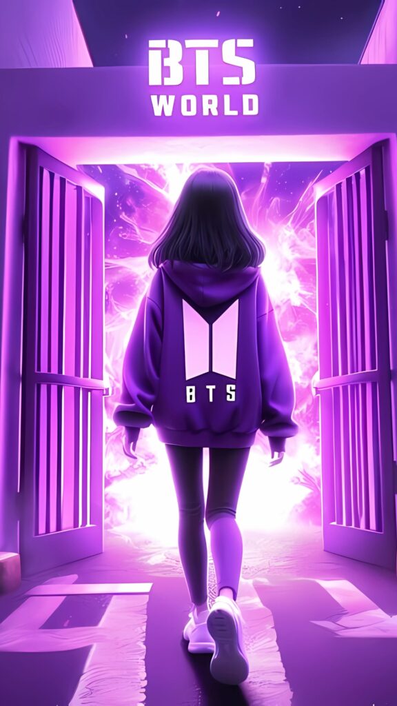 A girl in a purple BTS hoodie walks into a glowing portal under a “BTS WORLD” sign, symbolizing entry into the BTS universe.