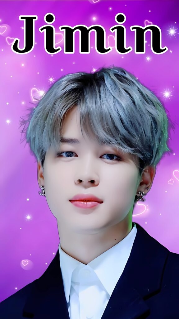 HD wallpaper of BTS Jimin with silver hair and a purple background filled with hearts and sparkles.