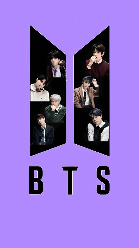 Stylish BTS wallpaper with black logo, purple background, and member portraits inside the BTS symbol