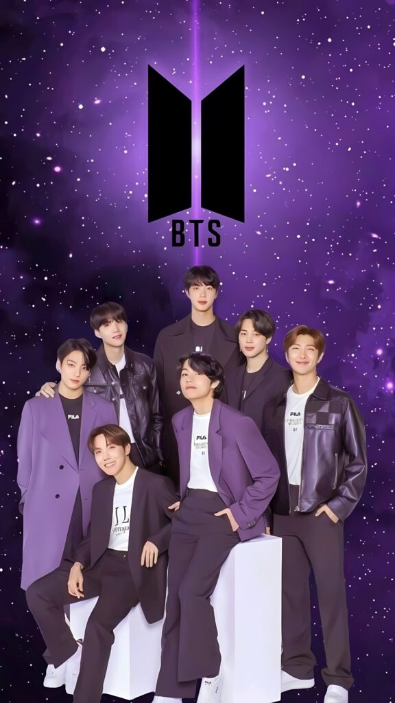 BTS OT7 phone wallpaper with purple galaxy background and BTS logo, featuring all members in coordinated purple and black outfits.