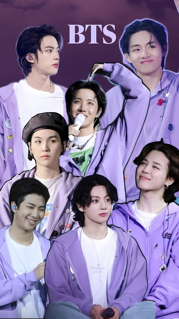 Collage of BTS members wearing purple hoodies during a live performance, with "BTS" written at the top.