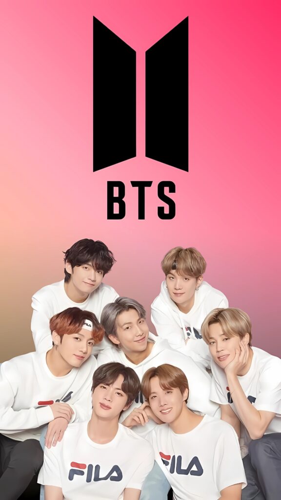 BTS members wearing white FILA outfits posing together under the BTS logo on a pink gradient background – high-quality K-pop wallpaper
