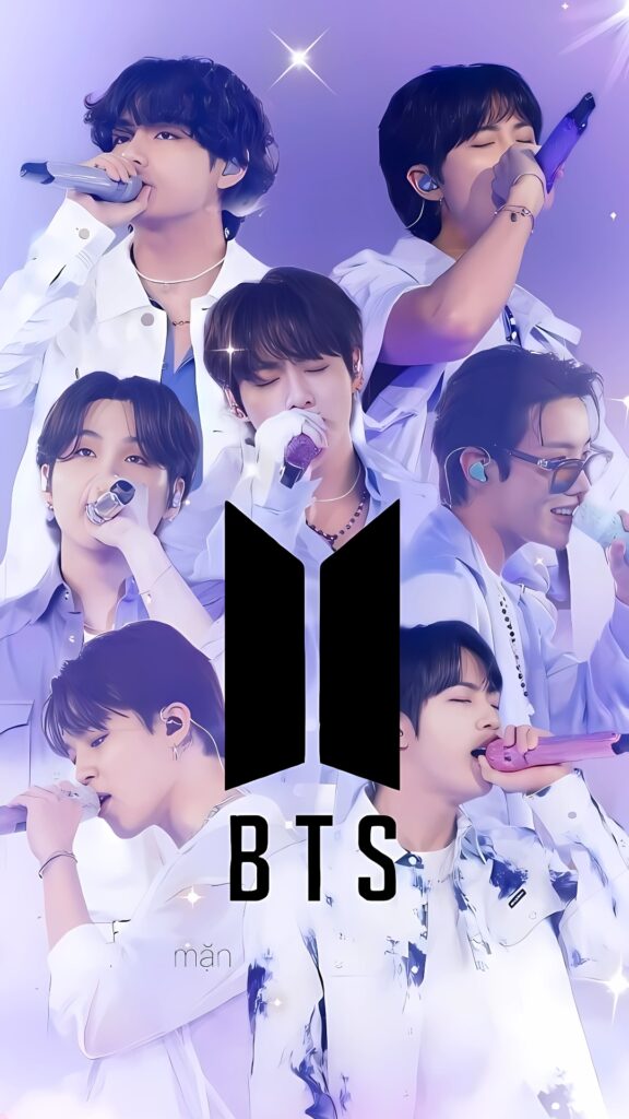 BTS 4K wallpaper featuring all seven members performing "Yet To Come" with microphones and soft purple aesthetic.