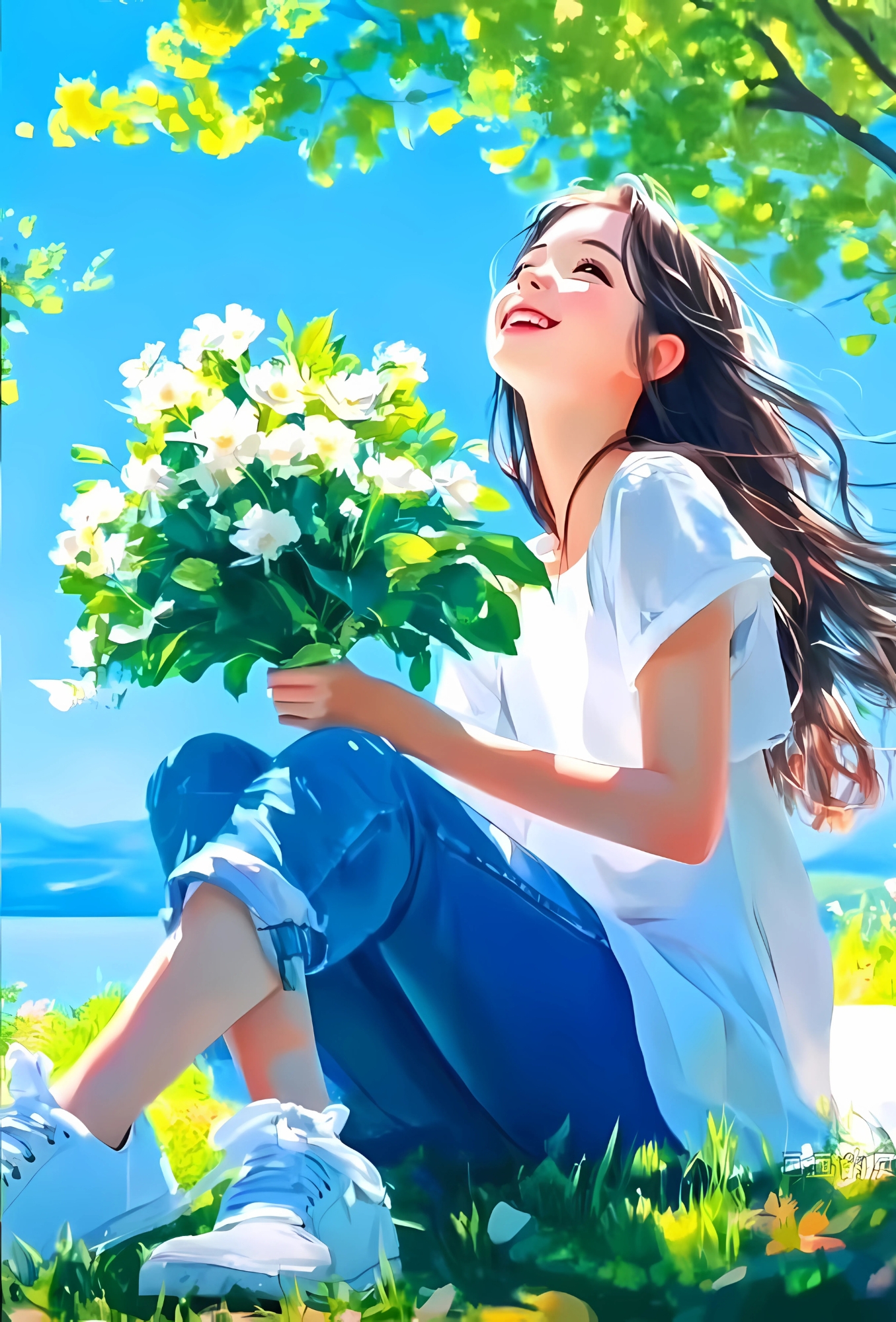 Cute cartoon girl sitting on grass with flowers and smiling under a sunny sky – anime-style DP image