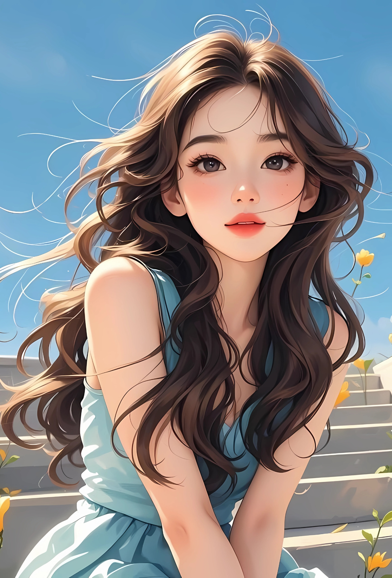 Cute cartoon girl DP with long wavy hair wearing a blue dress and sitting on outdoor stairs with flowers