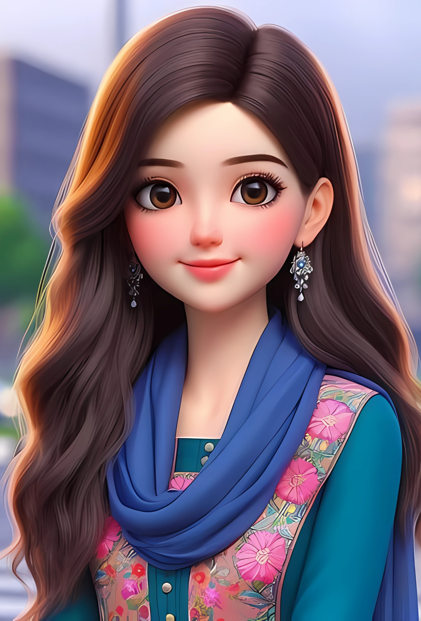 Cartoon-style girl display picture wearing a blue embroidered dress with long wavy hair and earrings