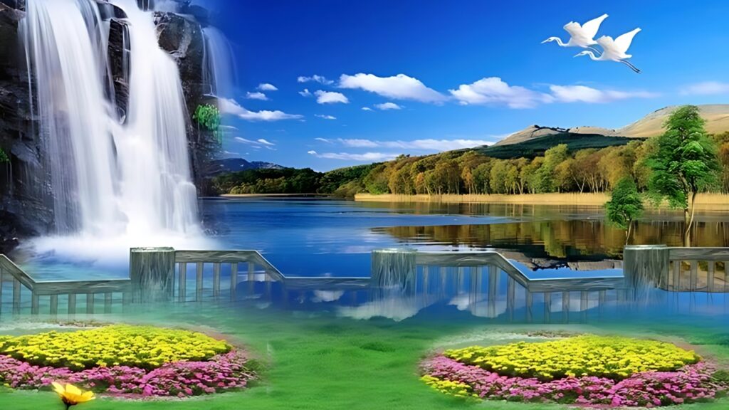 Natural wallpaper featuring a scenic waterfall, peaceful lake, colorful flower garden, green grass, and flying white birds under a bright blue sky