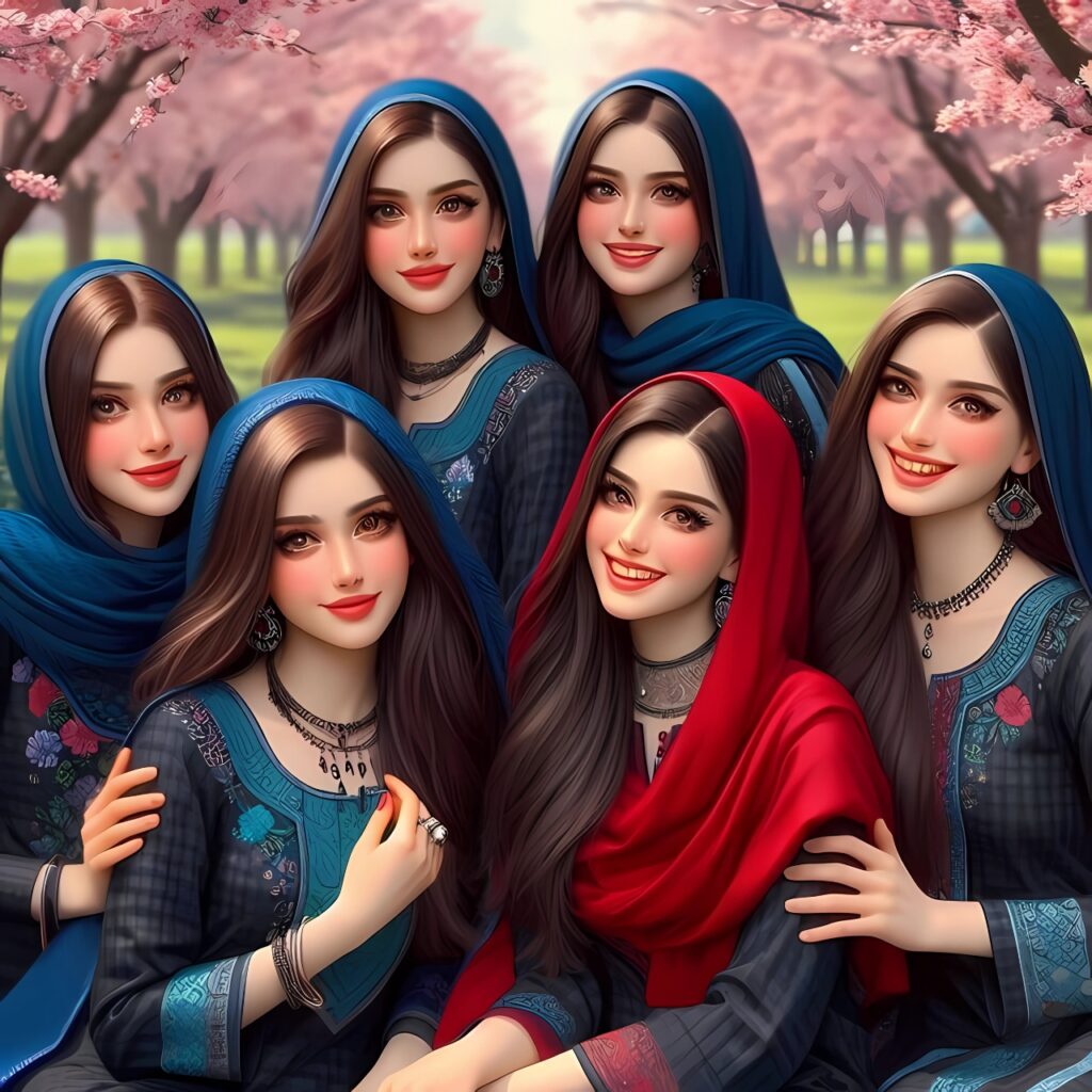 Animated group of traditional girls smiling in ethnic dresses under cherry blossom trees - ideal WhatsApp DP for girls group