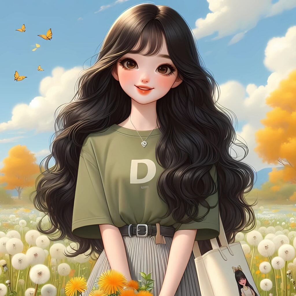 A beautifully illustrated girl with long wavy hair, standing in a flower field with butterflies and bright skies, wearing a green top and holding a bouquet of yellow flowers.