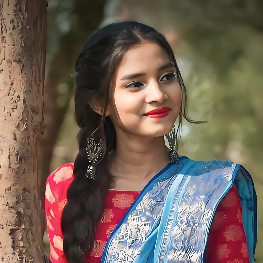 Beautiful Indian girl in a blue and red saree smiling beside a tree – perfect traditional WhatsApp DP.