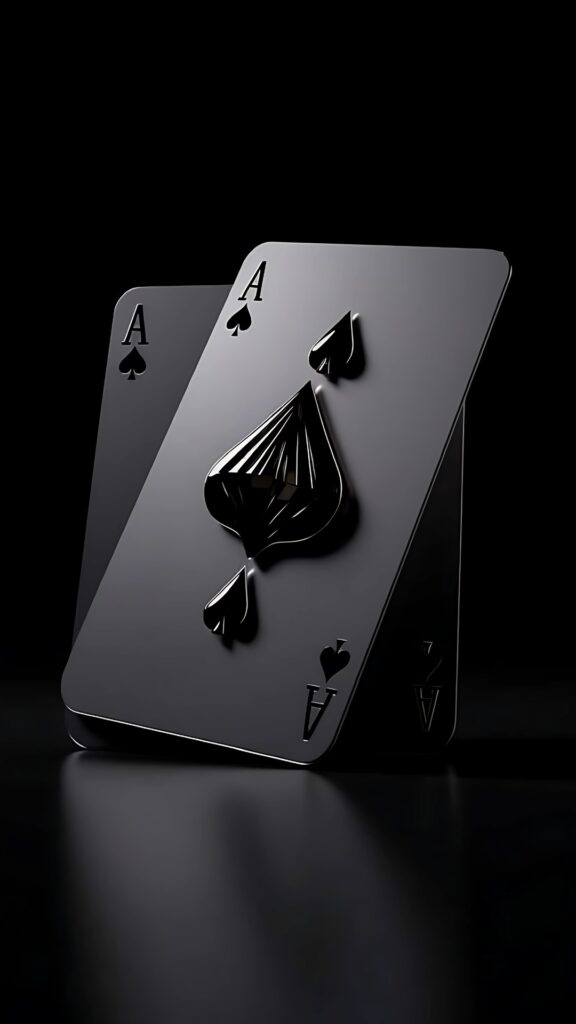Dark aesthetic wallpaper featuring 3D black Ace of Spades playing cards with a sleek matte and glossy finish on a black background.
