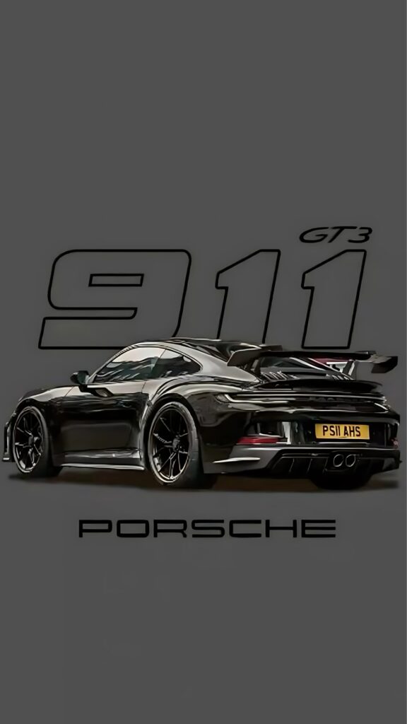 Rear angle of a black Porsche 911 GT3 RS with bold 911 graphic and license plate PS11 AHS on a grey background