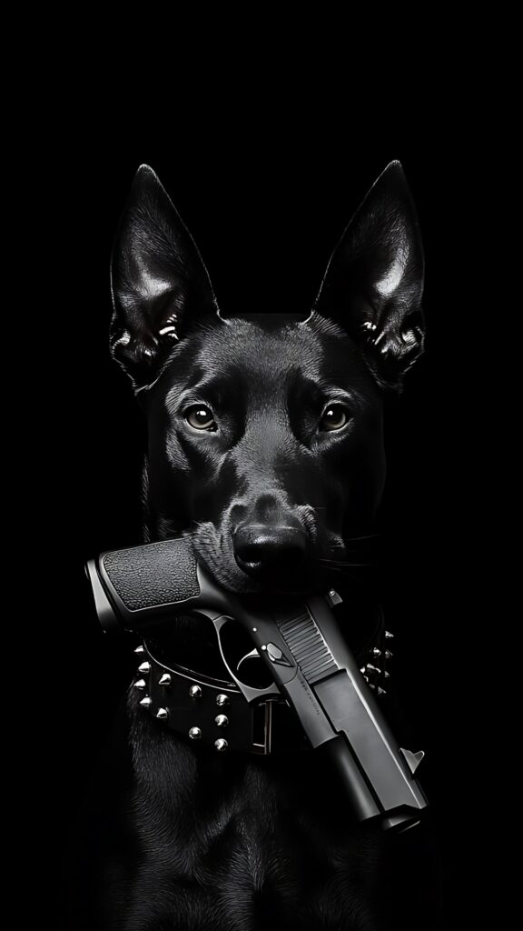 Black dog with studded collar holding a pistol in mouth on dark background - edgy iPhone wallpaper for men