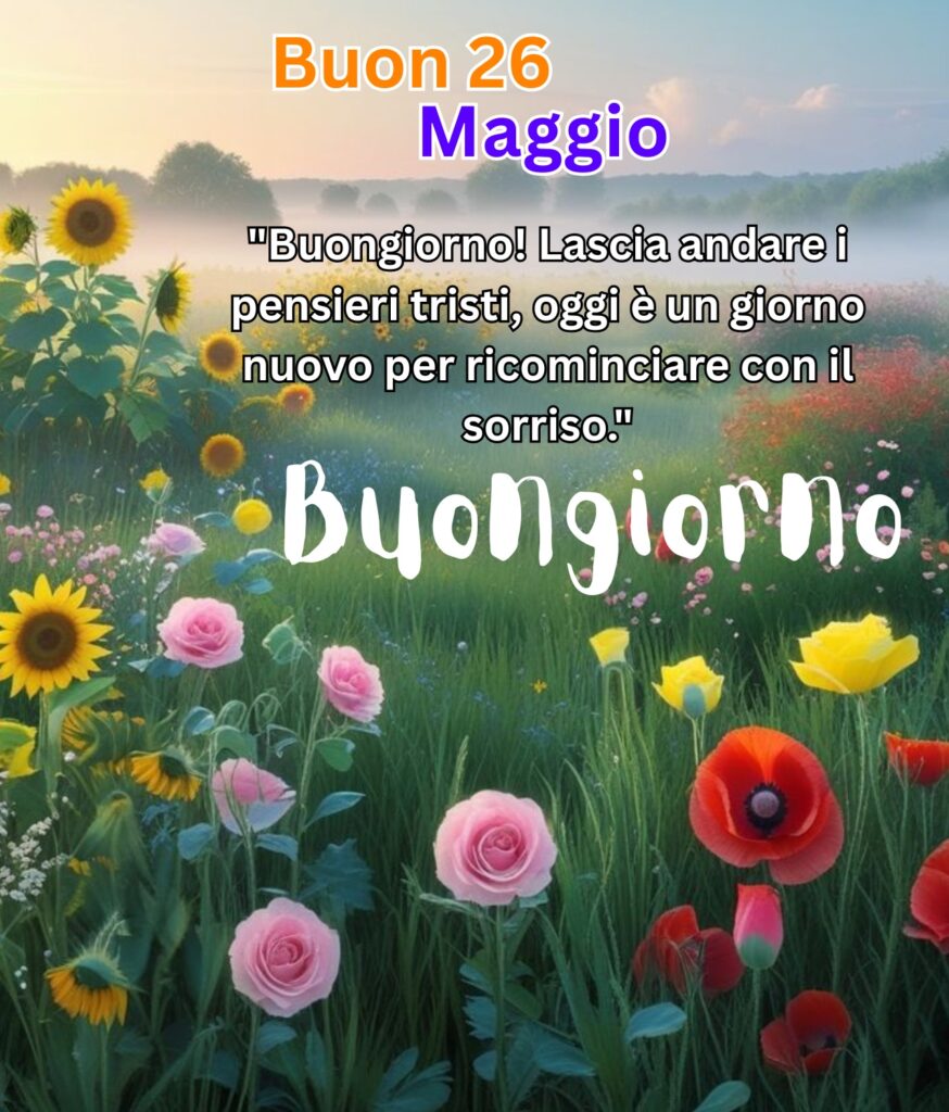 Campo fiorito con girasoli, rose e papaveri colorati al mattino, con scritta “Buon 26 Maggio” e messaggio motivazionale di buongiorno in italiano.