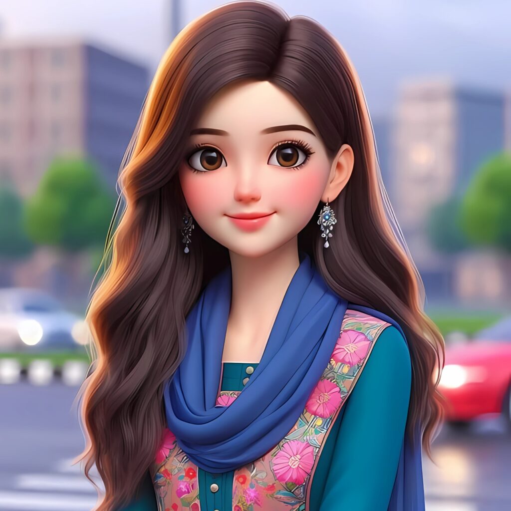 Cute cartoon girl with long brown hair in traditional dress and dupatta, smiling in a city background – ideal WhatsApp profile picture.