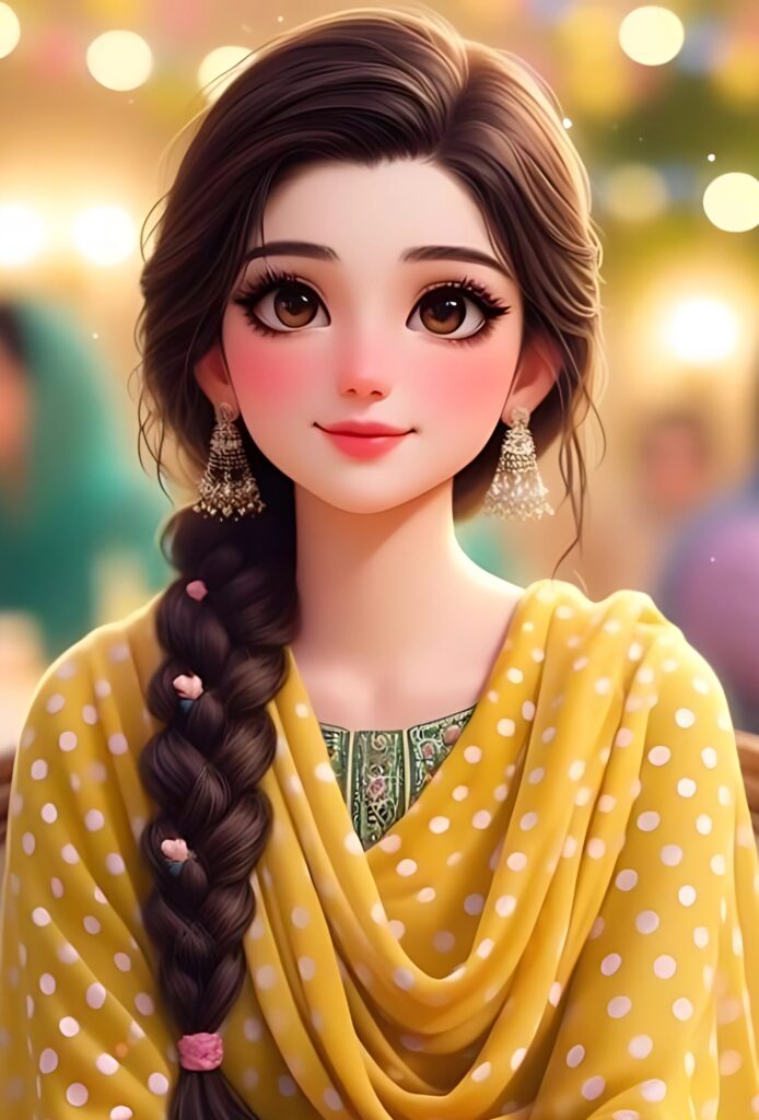 Elegant cartoon Punjabi girl with a long braid, wearing a yellow polka dot suit and traditional earrings at a festive gathering.