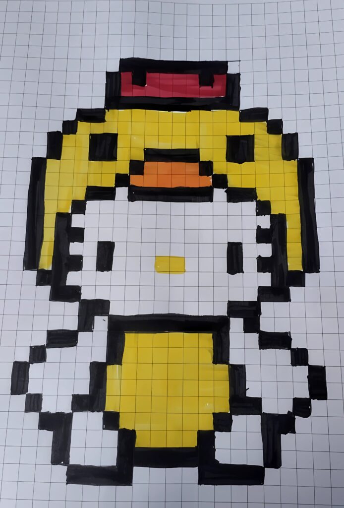 Detailed pixel art of Hello Kitty wearing a yellow chicken costume, drawn on squared paper with vibrant colors.