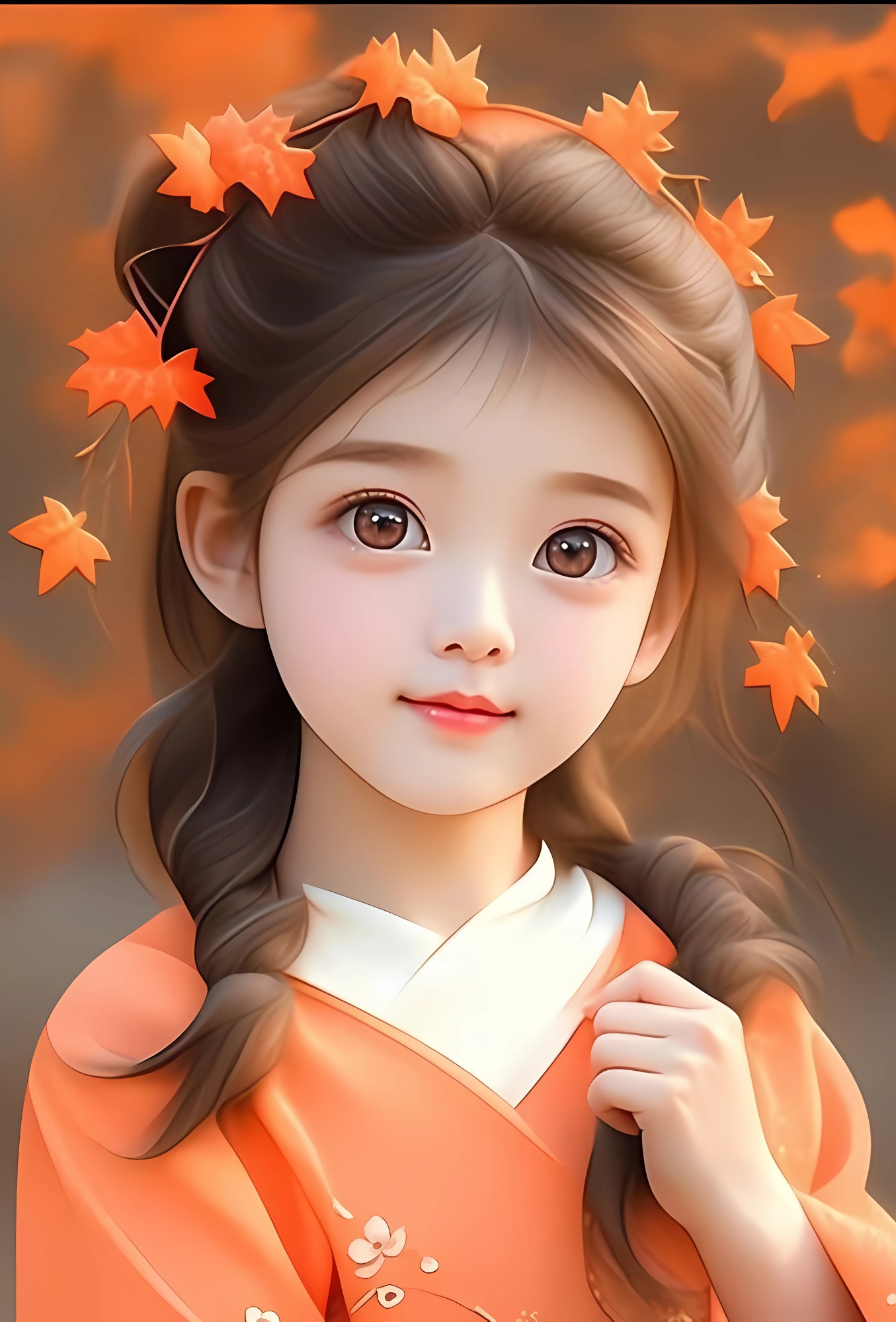 Cute cartoon girl with braided hair wearing an orange kimono and maple leaves in her hair