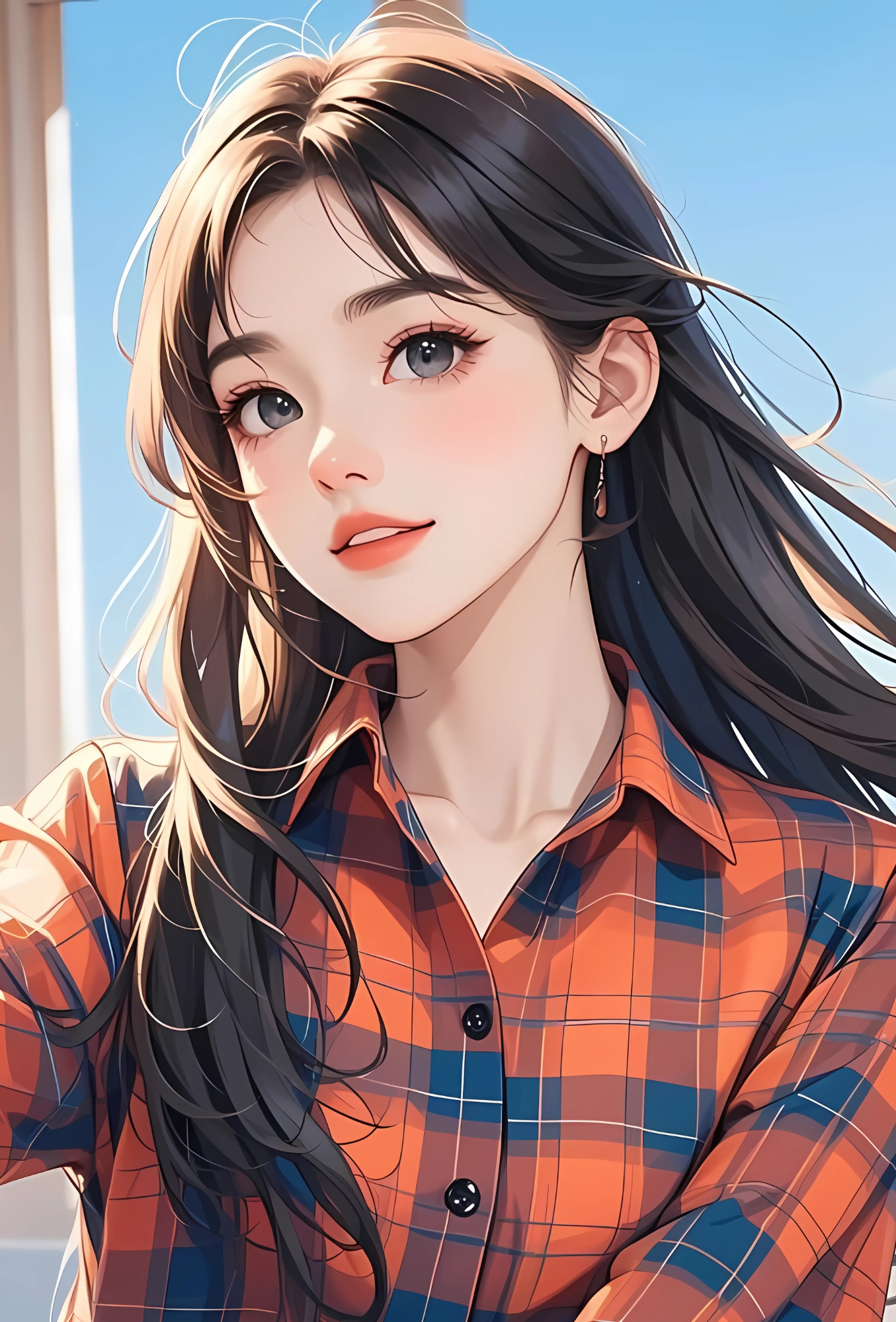 Cartoon girl DP with long flowing hair in orange checkered shirt, anime-style profile picture