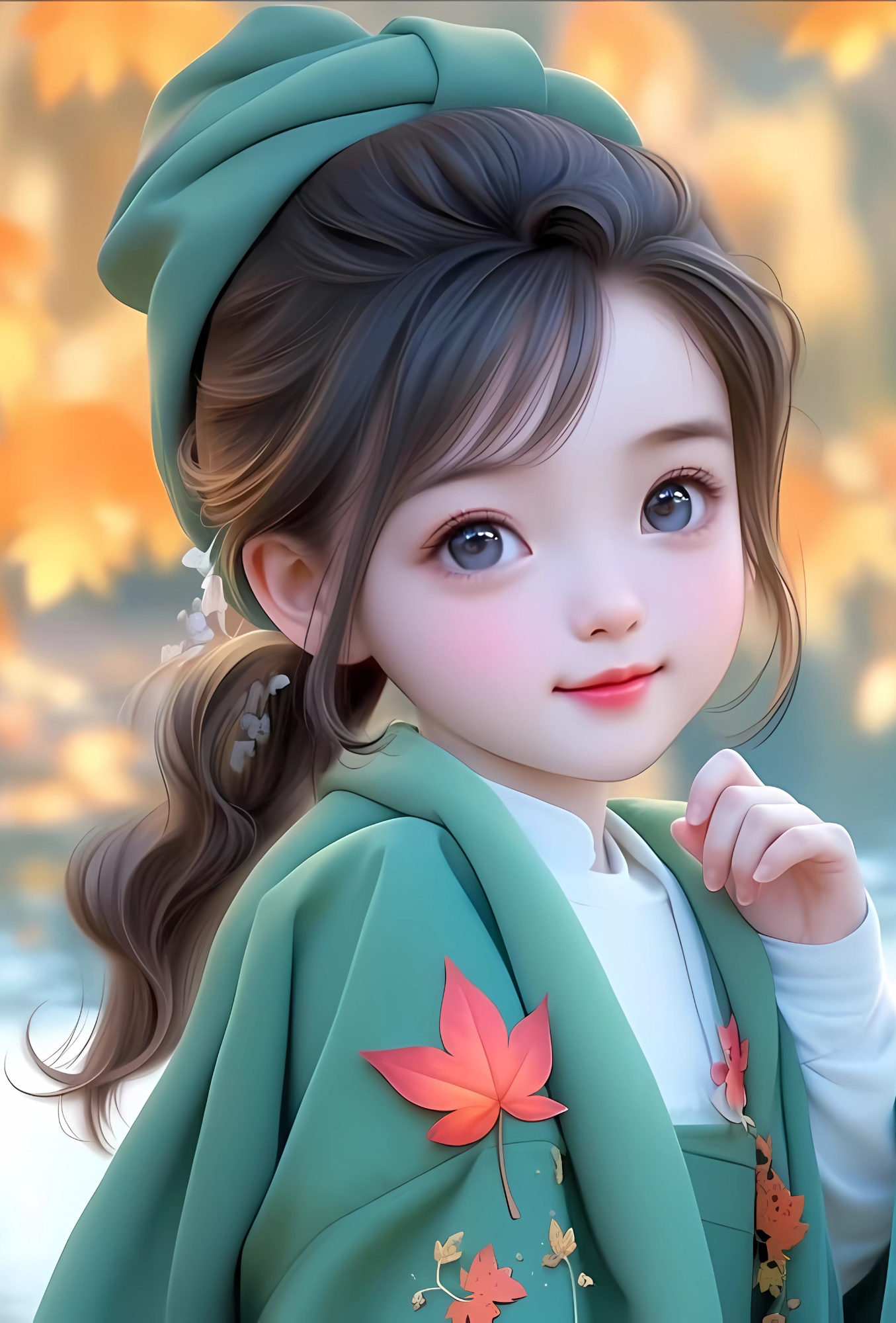 Cute anime-style cartoon girl in traditional green kimono with autumn leaves, soft lighting, and big expressive eyes