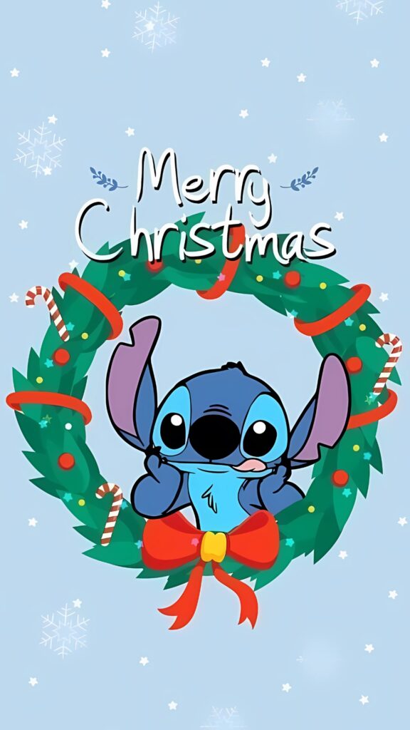Cartoon Stitch character inside a decorated Christmas wreath with candy canes, red ribbon, and falling snowflakes on a light blue background, featuring "Merry Christmas" text