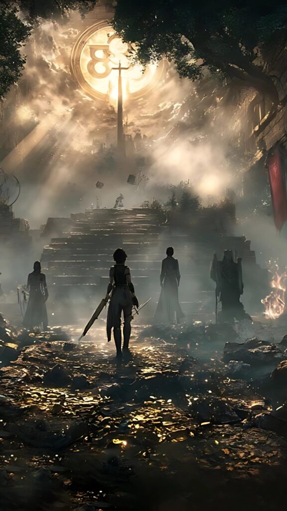 Downloadable wallpaper from Clair Obscur: Expedition 33 featuring four characters approaching an ancient, glowing temple staircase surrounded by ruins and magical light.
