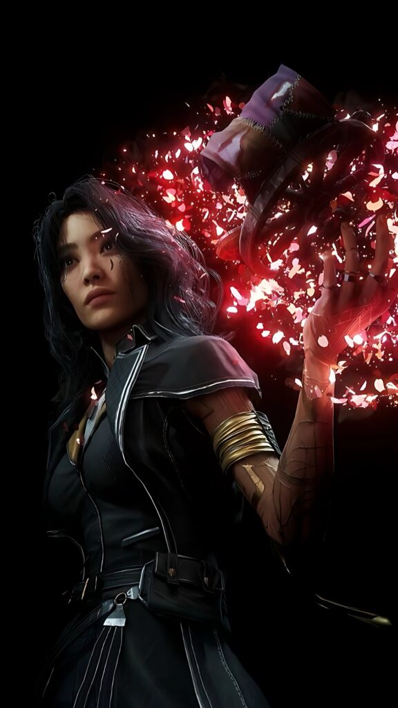 Clair Obscur: Expedition 33 wallpaper featuring a female mage holding a glowing, magical crown surrounded by red embers against a black background