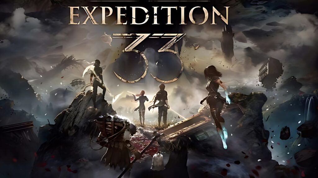 Official wallpaper for Clair Obscur: Expedition 33 featuring four main characters in a dramatic fantasy landscape with dark skies and the game’s logo prominently displayed.