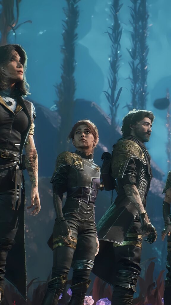 Clair Obscur: Expedition 33 phone wallpaper showing four armored characters in an underwater, alien-like environment with blue lighting and mysterious flora.