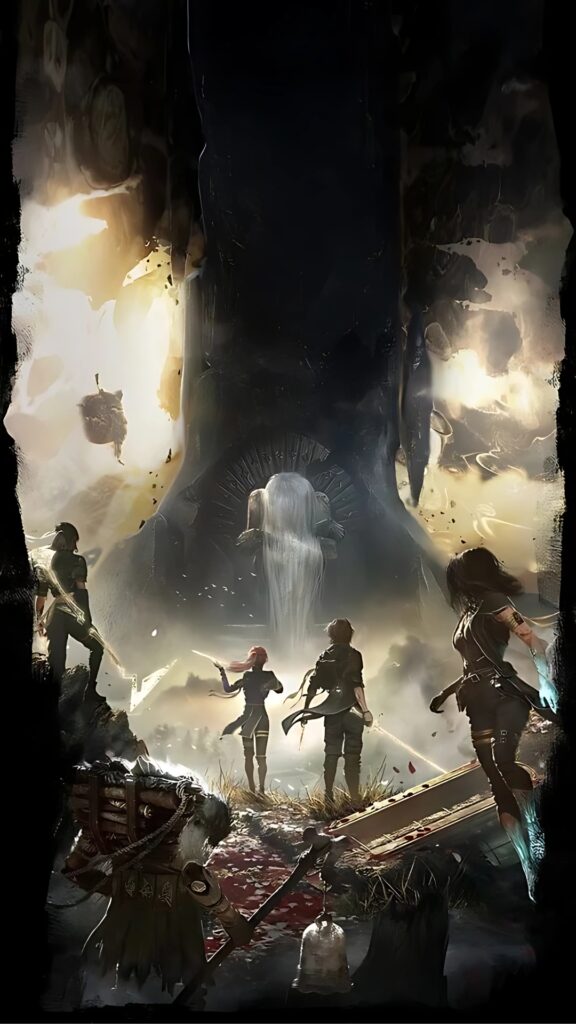 Clair Obscur: Expedition 33 wallpaper featuring a group of fantasy warriors confronting a massive mysterious statue in a dark, ethereal landscape.