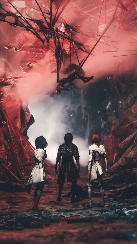 Three characters face a monstrous red abyss in this iPhone wallpaper from Clair Obscur: Expedition 33, perfect for dark fantasy and sci-fi fans.