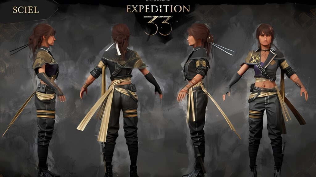 3D character model of Sciel from Clair Obscur: Expedition 33, featuring detailed outfit design, combat-ready stance, and 360-degree turnarounds for in-game reference.
