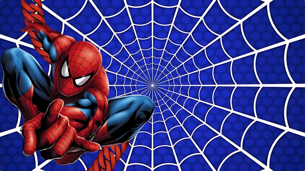 Classic Spider-Man with extended hand pose against blue web background – HD computer wallpaper