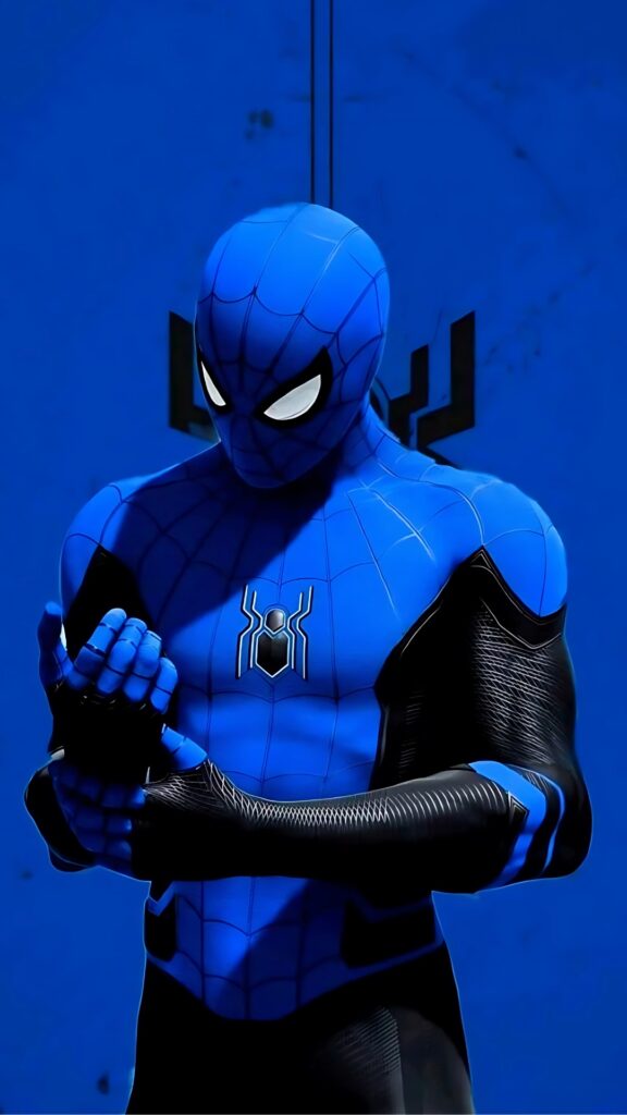 Cool Spider-Man in futuristic blue and black suit with glowing white eyes against a blue background – 4K Marvel wallpaper